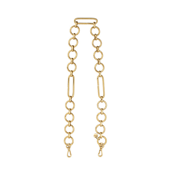 Alça em metal dourado removível, formada por elos circulares e retangulares alternados, com mosquetões para acoplagem em bolsas.