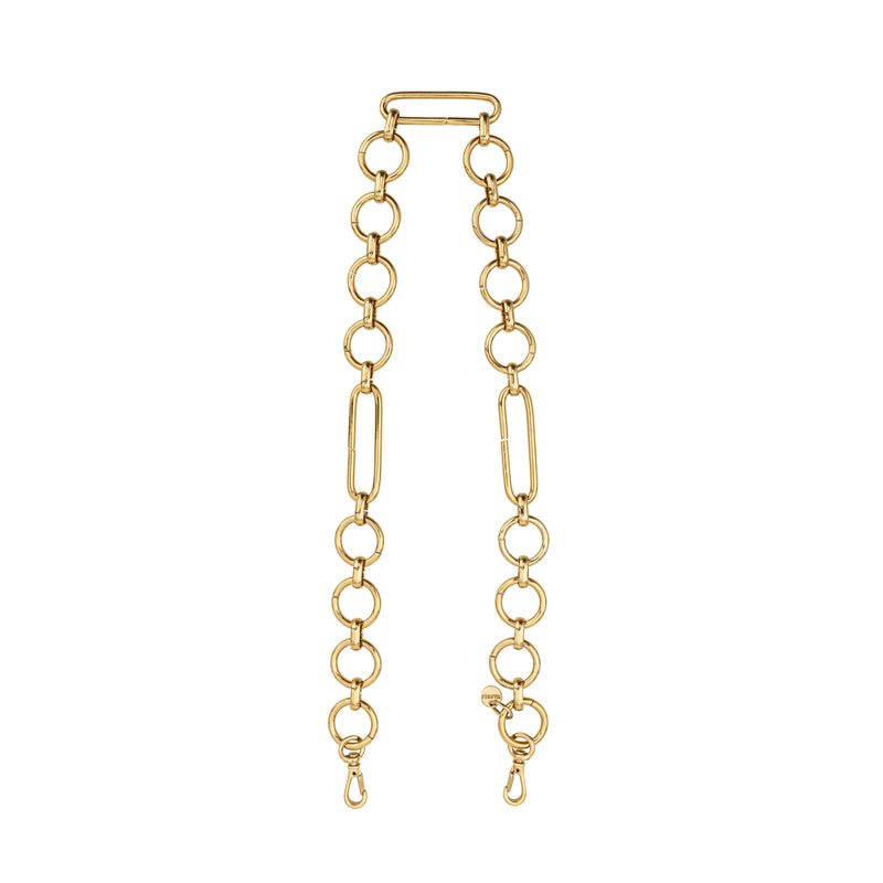 Alça em metal dourado removível, formada por elos circulares e retangulares alternados, com mosquetões para acoplagem em bolsas.