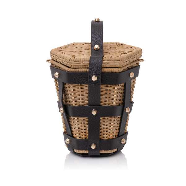 Bolsa Cesto Rattan Couro Preto