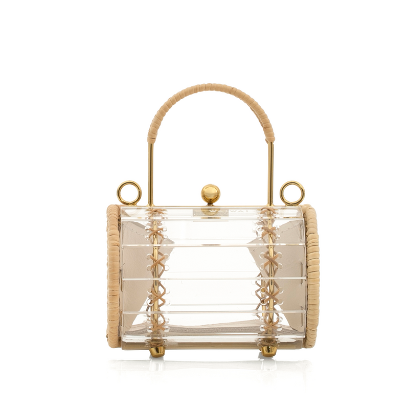 Bolsa estruturada transparente em acrílico, com detalhes em metal dourado, laterais em couro bege e alça curta em palha natural.