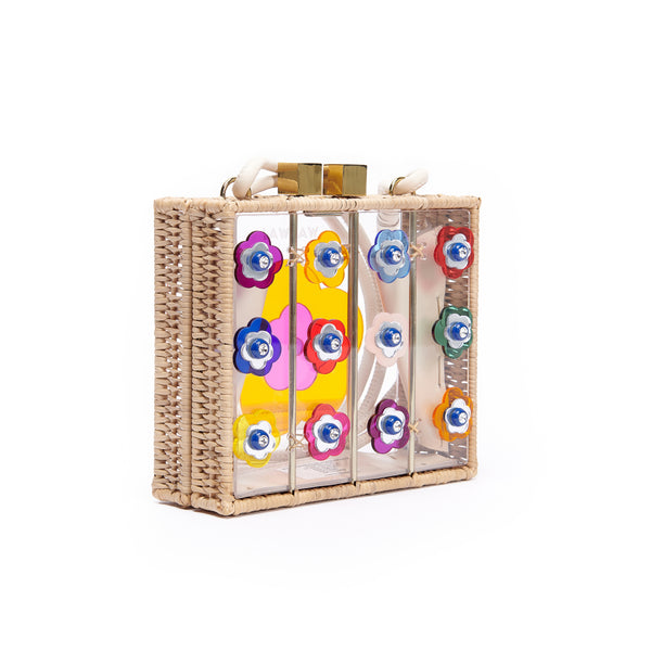 Bolsa estruturada transparente, alça curta e aplicações florais em acrílico colorido com miolos de cristal.