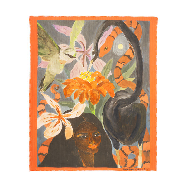 Panneaux estampado com ilustração artística de uma mulher ao centro, rodeada por flores, beija-flor, serpentes laranja e preta, além de um cisne negro.