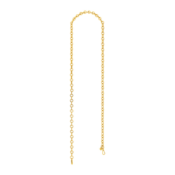 Alça removível em metal dourado, com elos alongados e arredondados intercalados. Possui mosquetões dourados nas extremidades para fixação em bolsas.